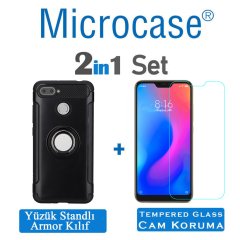 Xiaomi Mi 8 Lite Yüzük Standlı Armor Silikon Kılıf + Cam Koruma