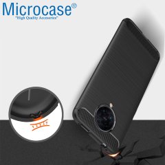 Microcase Samsung Galaxy A21s Brushed Carbon Fiber Silikon TPU Kılıf - Siyah + Tempered Glass Cam