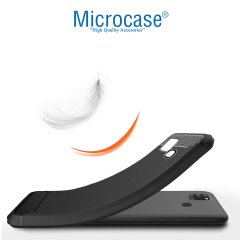 Microcase Samsung Galaxy A21s Brushed Carbon Fiber Silikon TPU Kılıf - Siyah + Tempered Glass Cam