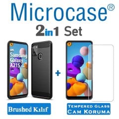 Microcase Samsung Galaxy A21s Brushed Carbon Fiber Silikon TPU Kılıf - Siyah + Tempered Glass Cam
