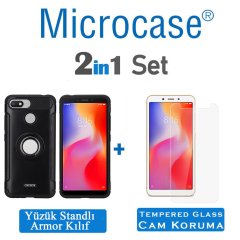 Xiaomi Redmi 6A Yüzük Standlı Armor Silikon Kılıf + Cam Koruma