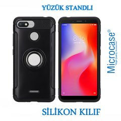 Xiaomi Redmi 6A Yüzük Standlı Armor Silikon Kılıf + Cam Koruma
