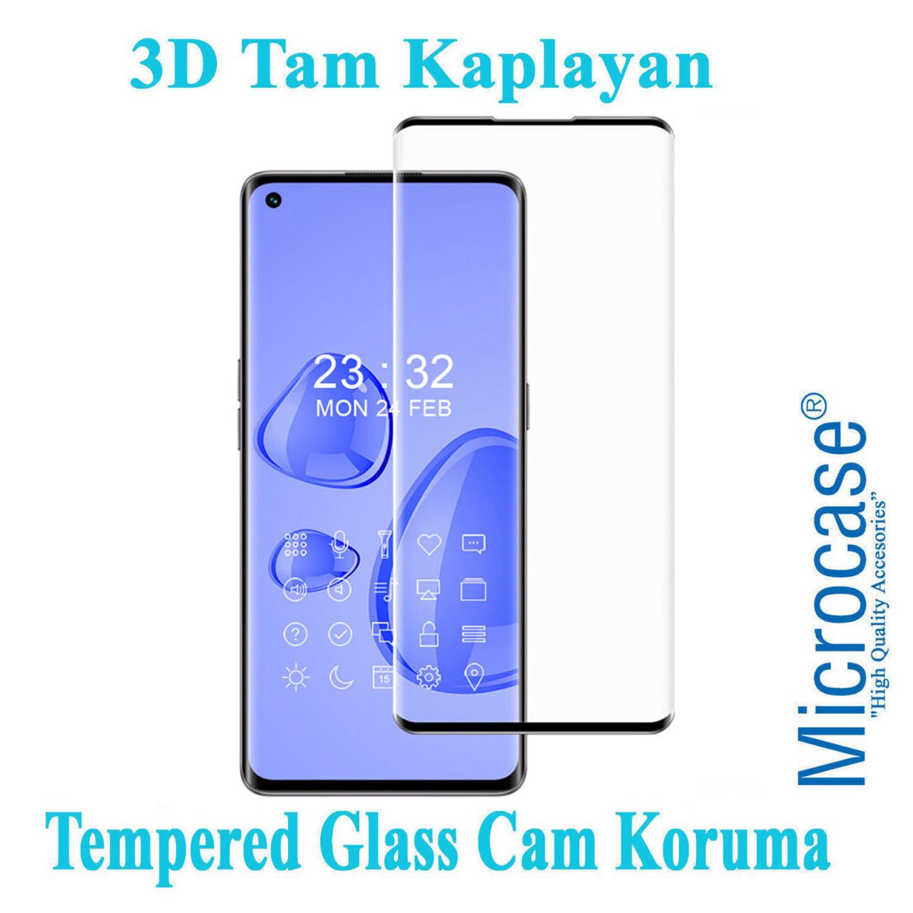 Microcase Oppo Reno 5 Pro (5G) 3D Curved Tam Kaplayan Tempered Glass Cam Koruma - Siyah