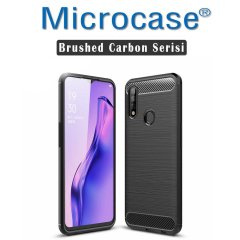Microcase  Oppo A31 Brushed Carbon Fiber Silikon TPU Kılıf - Siyah + Tempered Glass Cam