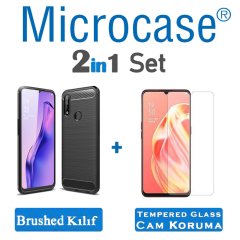 Microcase  Oppo A31 Brushed Carbon Fiber Silikon TPU Kılıf - Siyah + Tempered Glass Cam