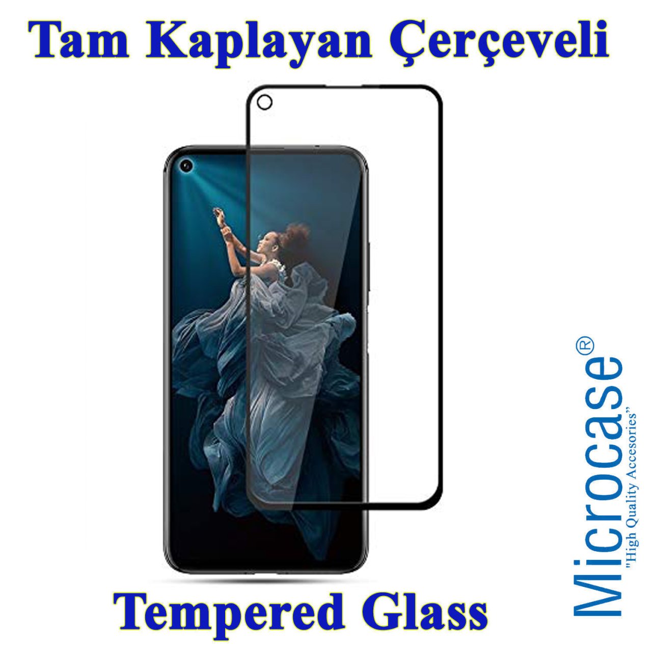 Microcase Huawei Nova 5T Tam Kaplayan Çerçeveli Tempered Cam - Siyah