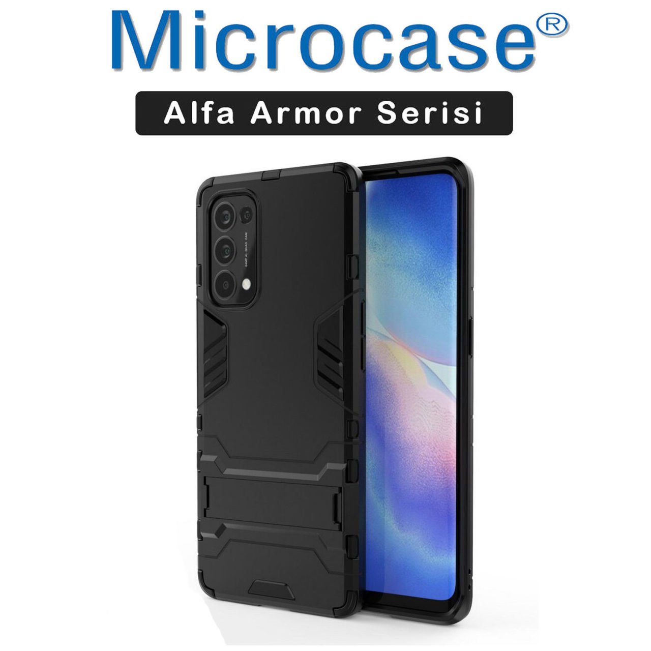 Microcase Oppo Reno 5 Pro 5G Alfa Armor Standlı Perfect Koruma Kılıf Siyah
