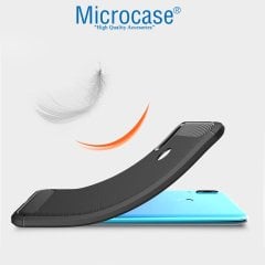 Microcase Huawei Y7 2019 Brushed Carbon Fiber Silikon TPU Kılıf - Siyah + Tempered Glass Cam