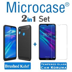 Microcase Huawei Y7 2019 Brushed Carbon Fiber Silikon TPU Kılıf - Siyah + Tempered Glass Cam
