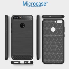 Huawei P Smart Brushed Carbon Fiber Silikon Kılıf + Ekran Koruma