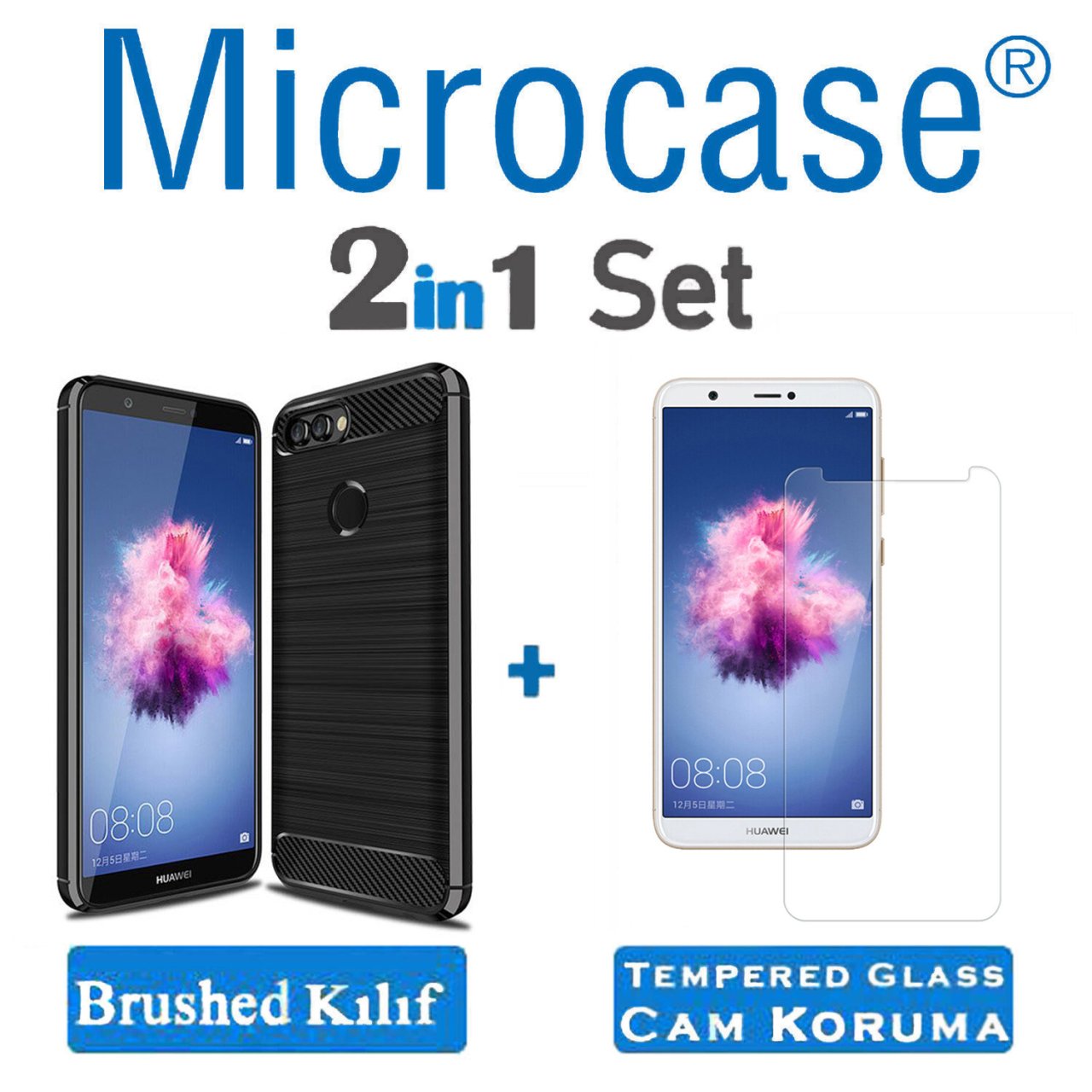 Huawei P Smart Brushed Carbon Fiber Silikon Kılıf + Ekran Koruma