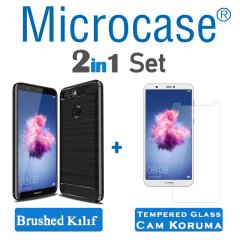 Huawei P Smart Brushed Carbon Fiber Silikon Kılıf + Ekran Koruma