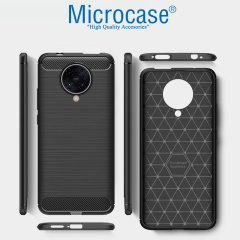Microcase Xiaomi Redmi 9 Brushed Carbon Fiber Silikon TPU Kılıf - Siyah + Tempered Glass Cam