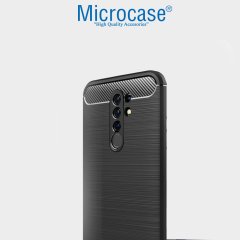 Microcase Xiaomi Redmi 9 Brushed Carbon Fiber Silikon TPU Kılıf - Siyah + Tempered Glass Cam