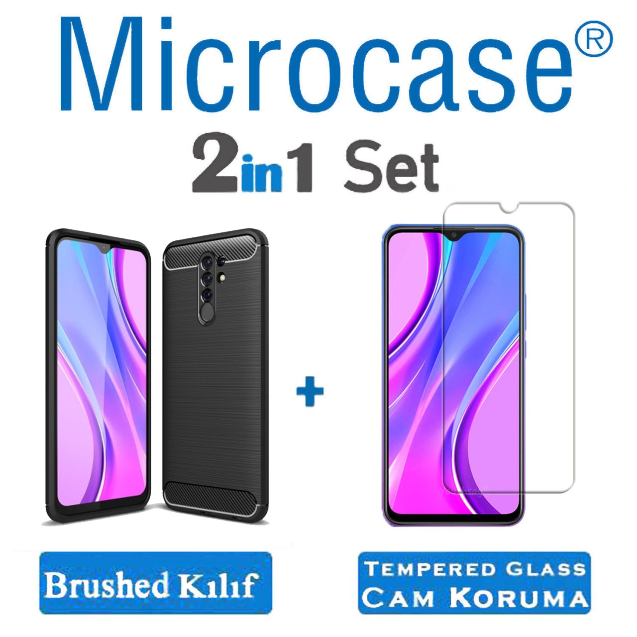 Microcase Xiaomi Redmi 9 Brushed Carbon Fiber Silikon TPU Kılıf - Siyah + Tempered Glass Cam