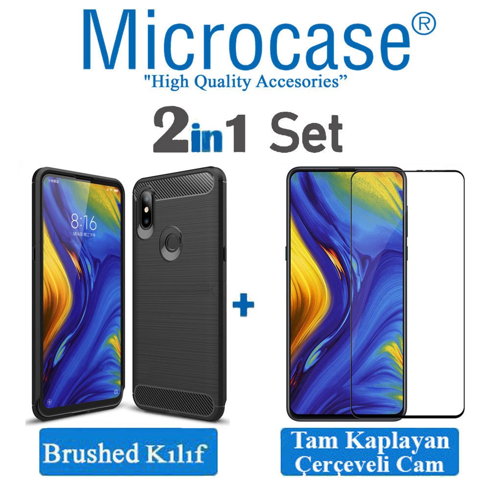Xiaomi Mi Mix 3 Brushed Carbon Fiber Silikon Kılıf + Ekran Koruma