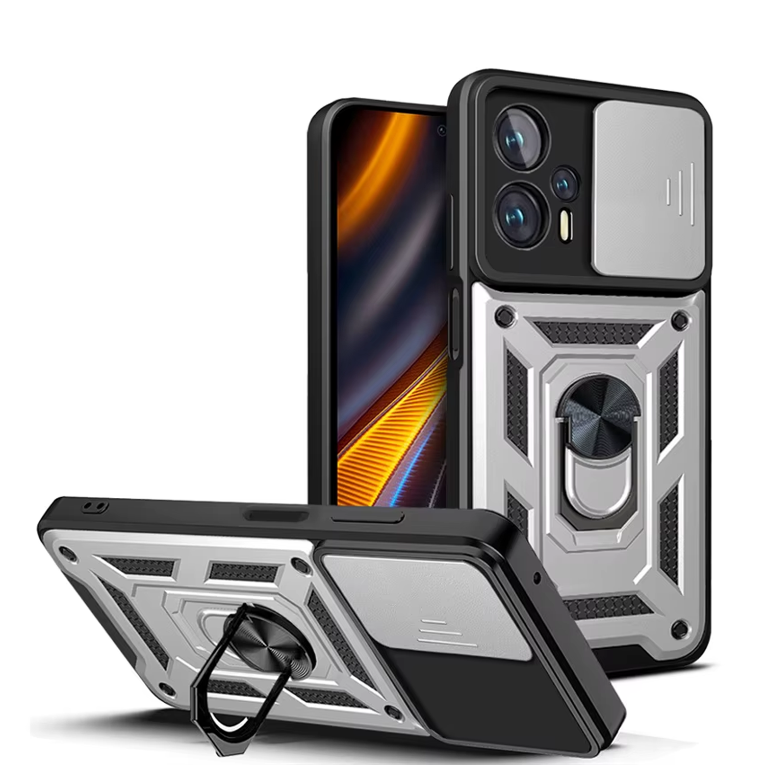 Microcase Xiaomi Redmi Poco X4 GT QUBEC Serisi Kamera Kapaklı Yüzük Standlı Kılıf-AL5117