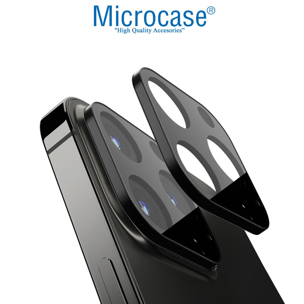 Microcase iPhone 13 Pro Kamera Camı Lens Koruyucu Metal Çerçeveli Kapalı Tasarım Tempered - Siyah