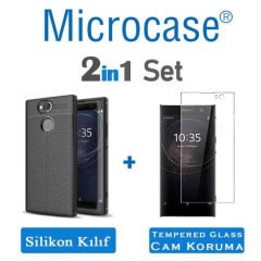 Sony Xperia XA2 Brushed Carbon Fiber Silikon TPU Kılıf + Cam