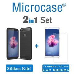 Huawei P Smart Brushed Carbon Fiber Silikon TPU Kılıf + Cam