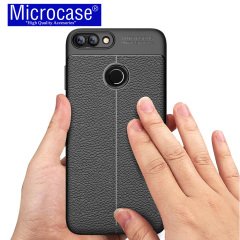 Huawei P Smart Leather TPU Serisi Deri Kaplama Silikon Kılıf +Cam