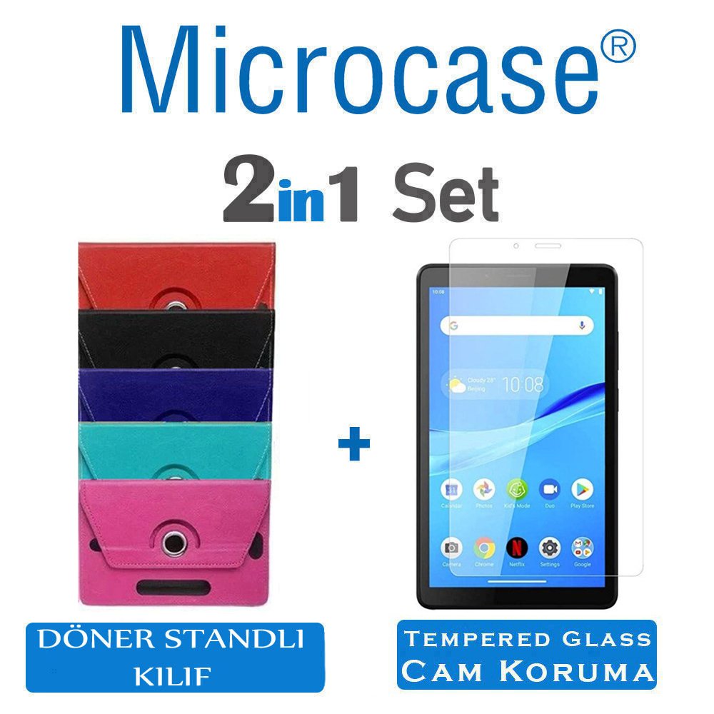 Microcase Lenovo Tab M7 TB-7305F 7 inch Tablet Universal Döner Stand Tablet Kılıfı + Tempered Glass Cam Koruma