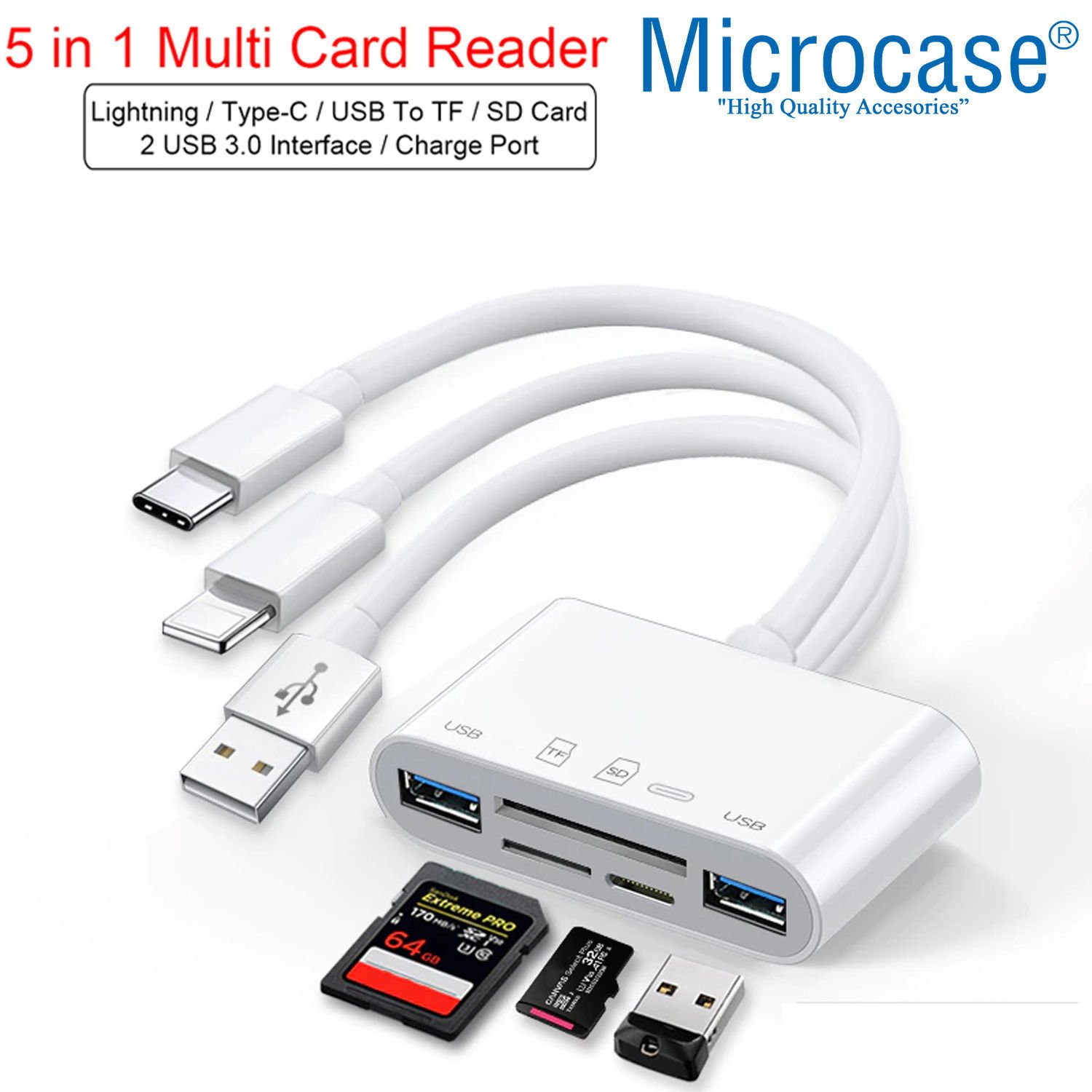 Microcase 5in1 USB 3.0 Lightning Type-C to SD-TF Kart Okuyuculu USB Kamera Adaptörü - AL2774