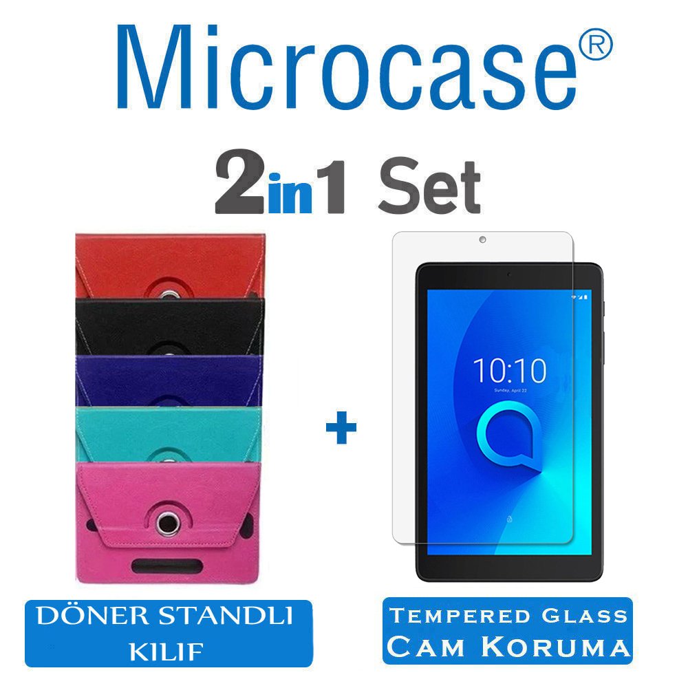 Microcase Alcatel 3T 8 inch Tablet Universal Döner Standlı Tablet Kılıfı + Tempered Glass Cam Koruma