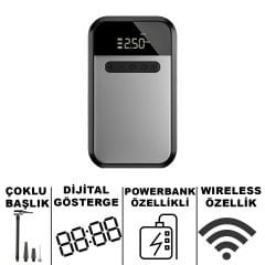 Microcase HL-008 Wireless Özellikli Şarjlı Taşınabilir Basınç Göstergeli Kompresör Powerbankli Reflektör Işıklı - AL4903