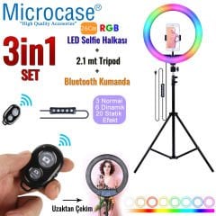 Microcase 26 cm YouTube İnstagram TikTok Selfie RGB LED Halka Işık + 2.1 mt Tripod + Bluetooth Kumanda AL2643
