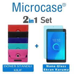 Microcase Alcatel 3T 8 inch Tablet Universal Döner Standlı Tablet Kılıfı + Nano Esnek Ekran Koruma Filmi