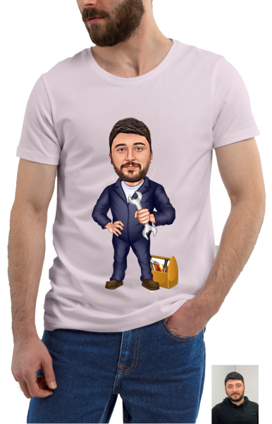 Hediyejest Tamirci Karikatür Baskılı Beyaz Pamuklu T-shirt