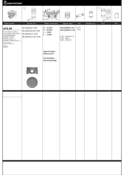PİSTON KİTİ 1 72.5 STANDART OPEL ASTRA J CORSA E GÜÇLENDİRİLMİŞ-A14NET TURBO-ECOTEC 2011 ... -B14N