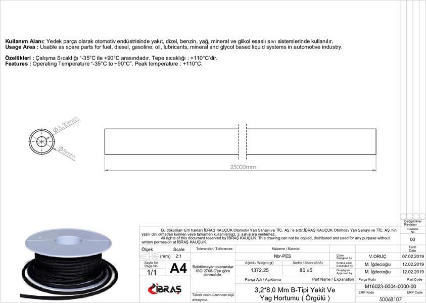 DIŞTAN ÖRGÜLÜ BENZİN YAKIT HORTUMU 3.2 mm x 8.0 mm NBR-B TİPİ-MAKARALI