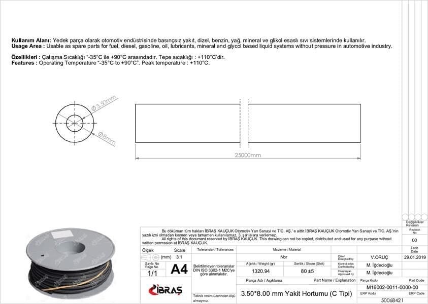 3.5mm x 8.0mm YAKIT HORTUMU Üniversal C / TİPİ