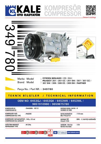 KLİMA KOMPRESÖRÜ P207-C3 1.4-1.6-P307-C4 1.4-1.6-2.0-P308 1.6-2.0-PARTNER TEPEE-BERLINGO-C5 1.6 HDİ