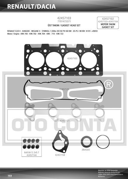 MOTOR TAKIM CONTA MEGANE 2 02 CLIO 2 98 SCENIC 2 03 KANGOO 01 CLIO SYMBOL 1 01 09 MICRA 3 K12 03 10 1.5dCi K9K TEFLON KEÇELİ SUBAP LASTİKLİ SİLİNDİR KAPAK CONTASI Lİ