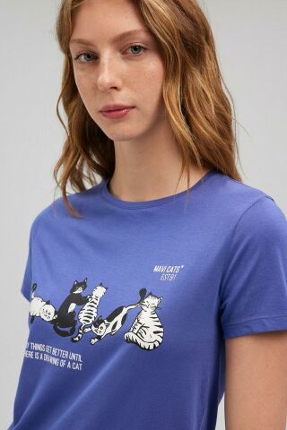 Mavi Kedi Baskılı Grafik Kadın Tişört 1612208-70908