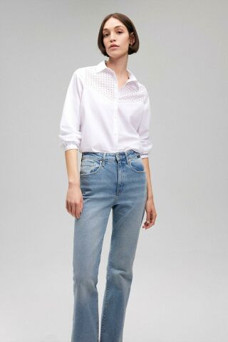 Mavi Uzun Kol Beyaz Kadın Gömlek 1210664-620