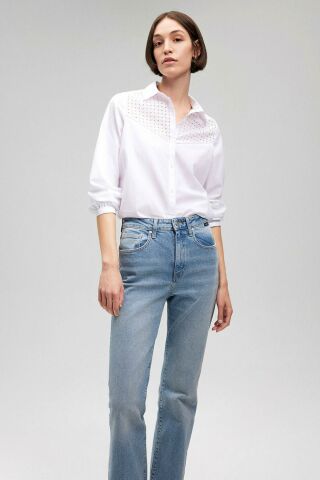 Mavi Uzun Kol Beyaz Kadın Gömlek 1210664-620