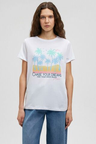 Mavi Beach Baskılı Beyaz Kadın Tişört 1612409-620