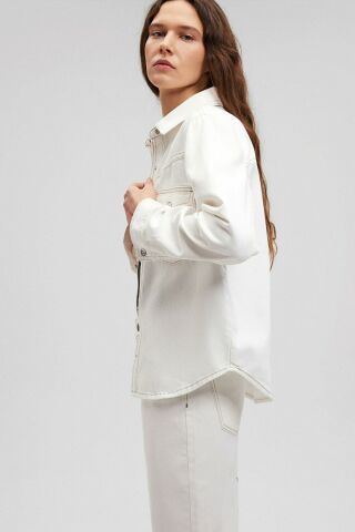 Mavi Uzun Kollu Kırık Beyaz Kadın Gömlek 1210700-70057