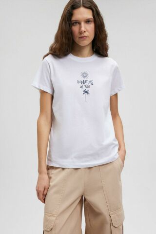 Mavi Beach Baskılı Beyaz Kadın Tişört 1612400-620