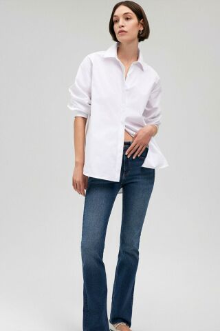 Mavi Dokuma Uzun Kollu Beyaz Kadın Gömlek 1210675-620