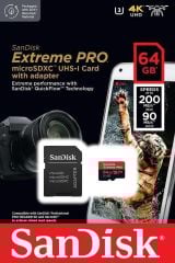 SanDisk Extreme Pro 64GB 200/90MB/s microSDXC UHS-I A2 V30 Adaptörlü Hafıza Kartı SDSQXCU-064G-GN6MA