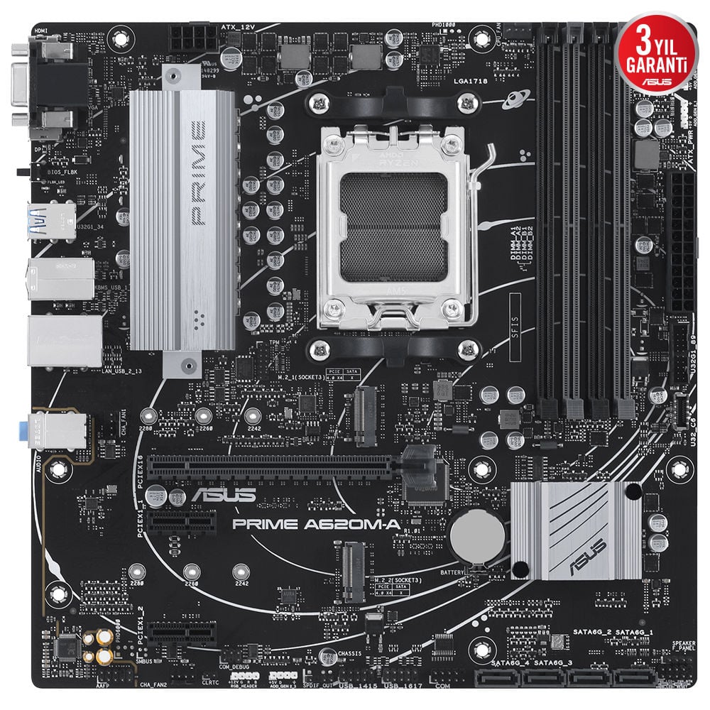 Asus MB PRIME A620M-A-CSM AMD AM5 DDR5 6400 DP HDMI VGA Çift M2 USB3.2 AURA RGB Anakart 90MB1F10-M0EAYC