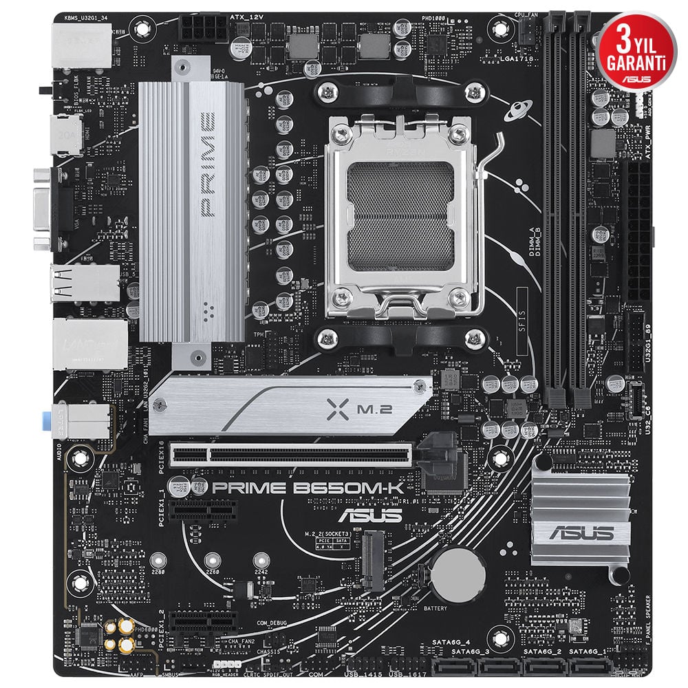 Asus MB PRIME B650M-K AMD B650 AM5 DDR5 6400 DP VGA 2x M2 USB3.2 AURA RGB 2.5Gbit LAN mATX Anakart 90MB1F60-M0EAY0