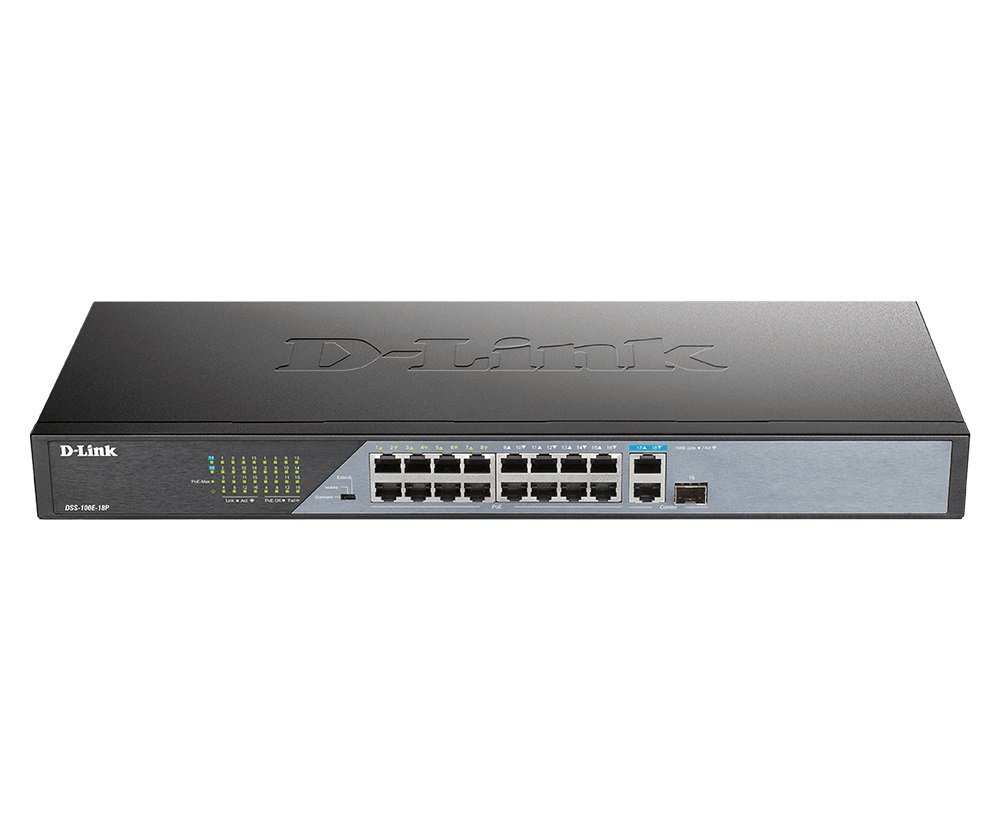 D-LINK L2 Unmanaged Switch with 16 10/100Base-TX ports and 1 100/1000Base-T, 1 100/1000Base-T/SFP combo-ports (16 PoE ports)