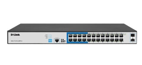 D-LINK DGS-F1210-26PS-E 26-port 10/100/1000Base-T  Long Range 250m PoE+ Smart Switch with 24 PoE ports, 2 SFP ports, 250W PoE Power budget,  (802.3af/802.3at support) (UK/EU plug)