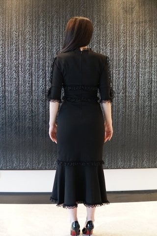 Siyah Kaplan Düğmeli Midi Elbise
